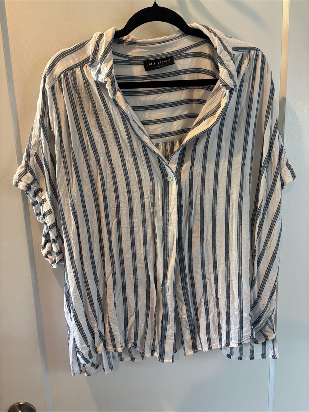 Lane Bryant White and Blue Vertical Stripe Button-Down Shirt